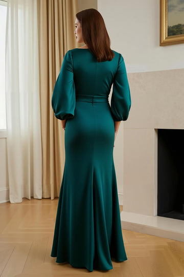 Robe longue mère de la mariée en satin de pin sirène col en V avec manches